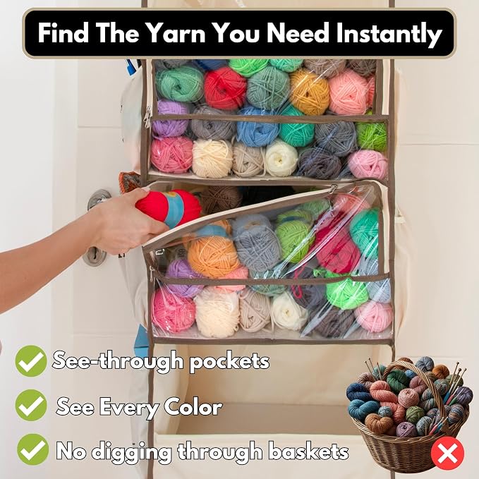 Everything Crochet Yarn Heaven Storage Organizer – Over The Door & Closet Hanging Yarn Bag for Crochet & Knitting, Skein Holder Holds 200+ Skeins with Clear Pockets for Yarn Stash, Hooks & Needles - Image 3