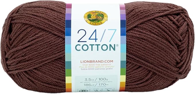 Lion Brand Yarn, 24/7 Cotton Yarn, Coffee Beans, Brown, 1 Pack | Light Worsted 100% Mercerized Cotton Yarn for Crochet, Knitting, Craft, 185 Yards of Natural Fiber for Tees, Bags, Dishcloths by LionBrandYarn