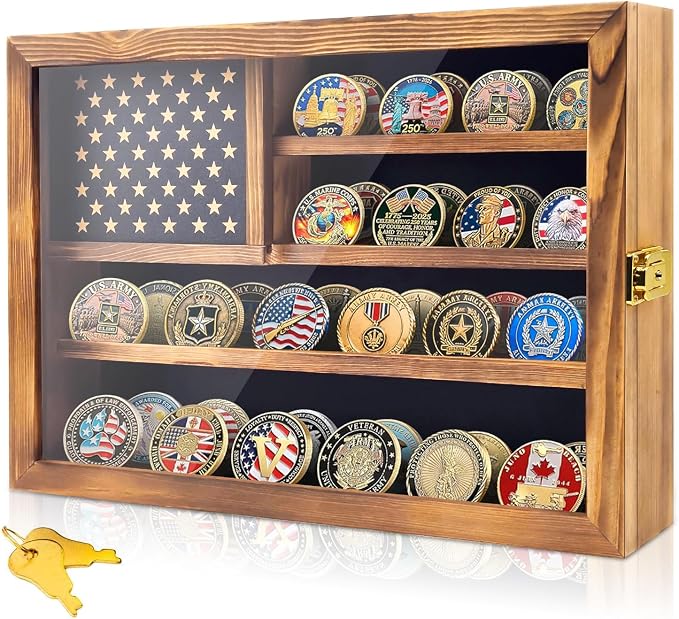 Challenge Coin Display, Solid Pine Wood Military Coin Holder Display, Holds Up to 65 Coins, Lockable Wall Mounted Coin Display Case with Removable Star Panel & Clear Acrylic Door by Unknown