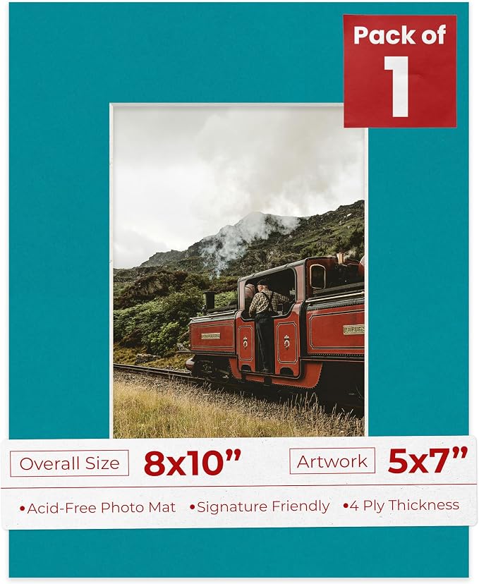 5x7 Mat for 8x10 Frame - Precut Mat Board Acid-Free Show Kit with Backing Board, and Clear Bags Teal Blue 5x7 Photo Matte Made to Fit a 8x10 Picture Frame Matboard for Framing, Pack of 1 Mat by PosterPalooza