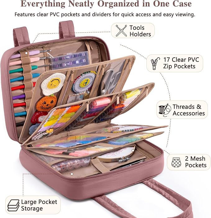 AMOIGEE Sewing Supplies Organizer Bag, Large Craft Storage Tote with 17 Clear Pockets&Tool Holders, Portable Crochet Knitting Embroidery Organizer Case for Threads, Hooks, Needles & Sewing Accessories - Image 4