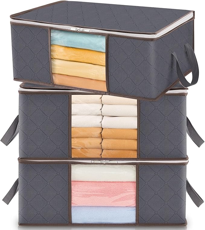 Lifewit 3 Pack 35L Clothes Storage Bins with Lids, Foldable Blanket Storage Bags with Zippers, Clear Window and Reinforced Handles, Closet and Organization for Clothing, Sweater, Comforter, Bedding by Lifewit