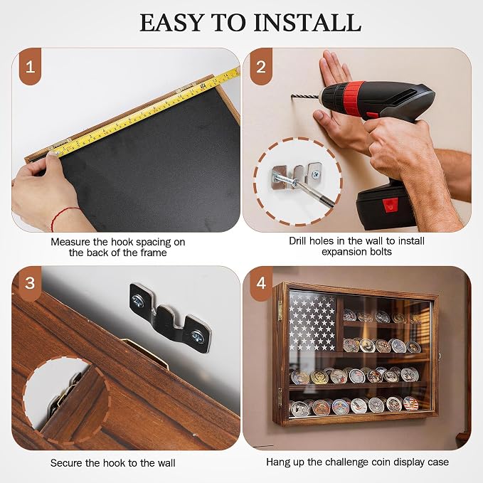 Challenge Coin Display Case Holder,Hd Tempered Glass Door,Not Acrylic,15*11 | Carbon Brown/100%wood/Removable Star Board/Wooden America Flag Military Challenge Coin Display Case Holder - Image 7