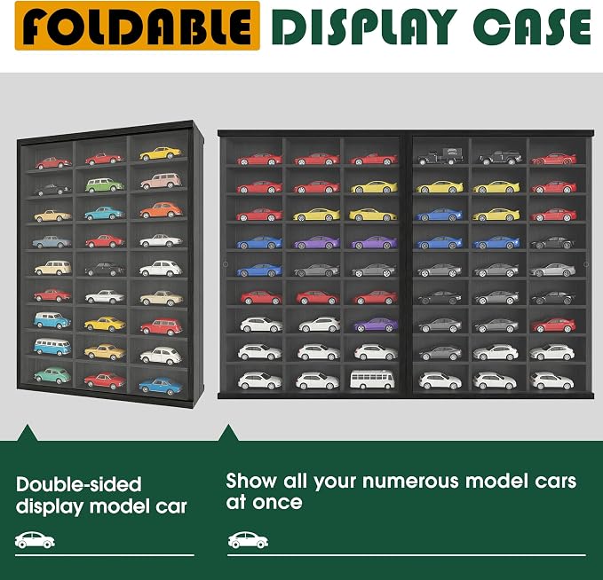 Model Car Display Case 24 x 17 in, Holds 54 Fits 1/64 Scale Toy car Storage Organizer,Wall-Mounted Toy Shelf Display Storage, Collapsible Wooden Box with 2 Acrylic Cover Plates (Only Box - Black) - Image 8