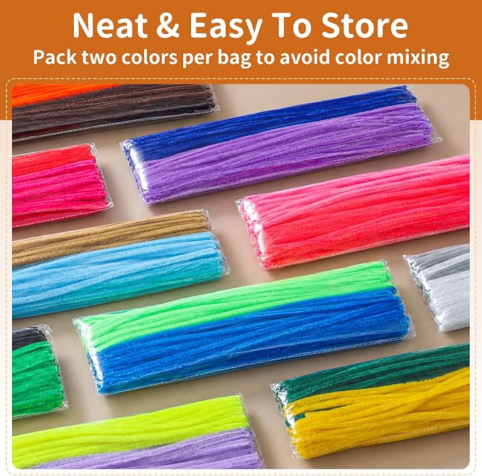 POIKSHARK 1000 PCS 20 Colors Quality Pipe Cleaners Bulk, Thick Pipe Cleaners Craft for DIY Craft Projects, Multicolored Limpia Pipas for Art Supplies & Materials, Rainbow Chenille Stems(12inch*6mm) - Image 7