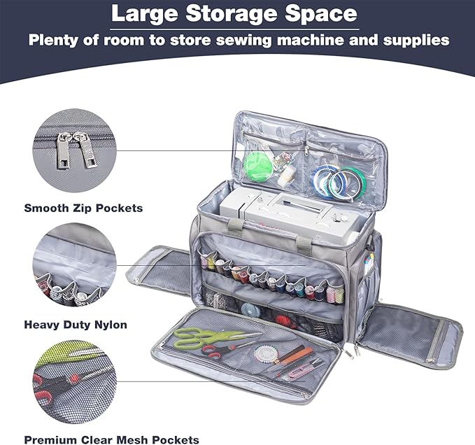 Sewing Machine Case with Wheels, Rolling Sewing Machine Carrying Case, Trolley Tote Bag Fits for Most Standard Sewing Machines Like SINGER, Brother and Janome, Grey - Image 3