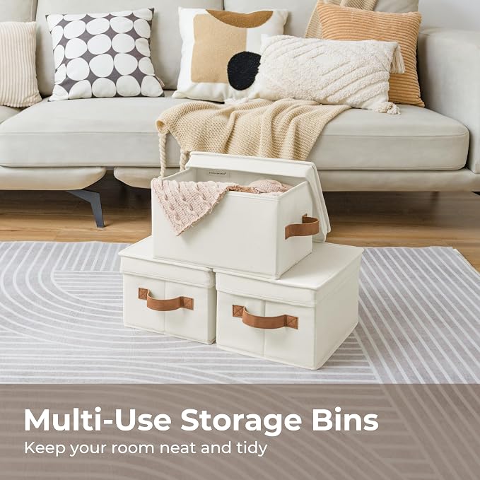 StorageWorks Storage Bins with Lids, Decorative Storage Boxes with Lid and PU Handles, Foldable Storage Baskets for Closet, Shelves, Stackable, Ivory, Medium, 3-Pack | Lidded Dust-proof, Easy Pull Handles, Foldable, Stackable, Ideal for Clothes Blanket... - Image 8
