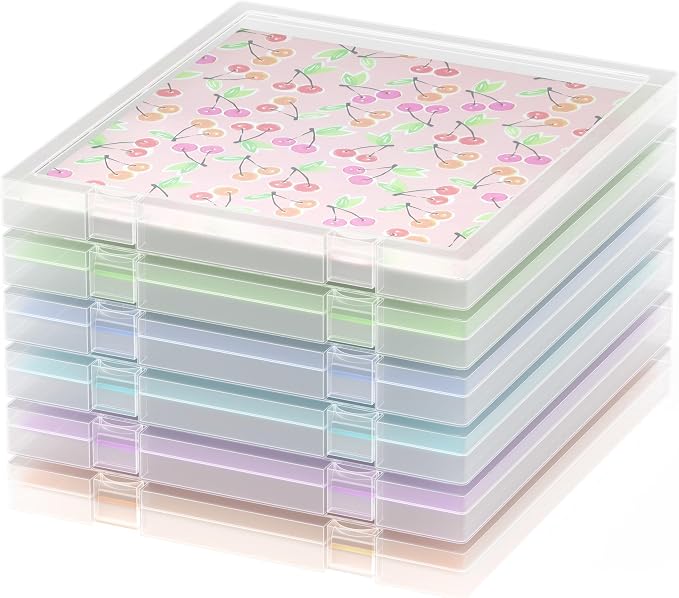 CraftGenes 12x12 Scrapbook Paper Storage, 6 Pack Stackable Containers | Clear PP; 13.58 x 12.4 x 1.1 in; Integrated U-Latch; Fits Cardstock, Vinyl Sheets, Stickers and Die Cuts by CraftGenesTools