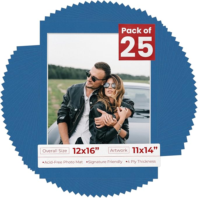 11x14 Mat for 12x16 Frame - Precut Mat Board Acid-Free Show Kit with Backing Board, and Clear Bags Royal Blue 11x14 Photo Matte Made to Fit a 12x16 Picture Frame Matboard for Framing, Pack of 25 Mats by PosterPalooza
