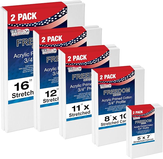 U.S. Art Supply Professional Quality Stretched Canvas, Multipack of 10 Medium Sizes, 2 Each 5x7, 8x10, 11x14, 12x16, 16x20 Inches - 12-Ounce Primed, 3/4", 100% Cotton - Painting, Acrylic Pouring, Oil by USArtSupply