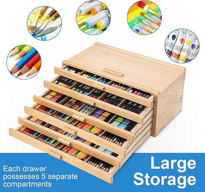 Wooden Pastel Storage Box With 6 Removable Drawers | Artist Supply Storage Box, Portable Organizer Box for Pencils, Markers, Brushes and Painting Tools - Image 3