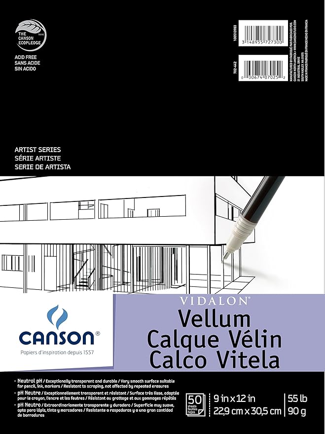 Canson Artist Series Vellum Paper, 9x12 inches, 50 Sheets (55lb/90g) | Foldover Pad, Artist Paper for Adults and Students by Unknown
