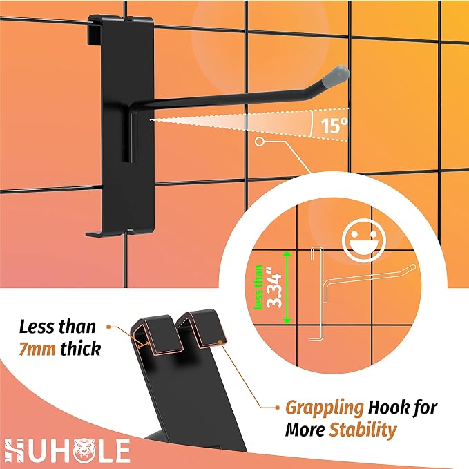 HUHOLE 50 Pack 4 Inch Black Gridwall Hooks Metal Display Hangers | Fits 3 x 3 Inch Wire Grid Panels, 20 lb Capacity Hooks for Retail Store, Craft Fair, Jewelry Rack and Garage Organizer - Image 3