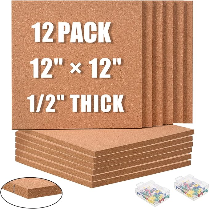 SUNGIFT Cork Board Tiles 12"x12" - 1/2 Inch Thick, 12 Pack | Self-Adhesive Square Bulletin Boards with 100 Push Pins for Photo Walls, Office Notes and Dorm Decor by SUNGIFT
