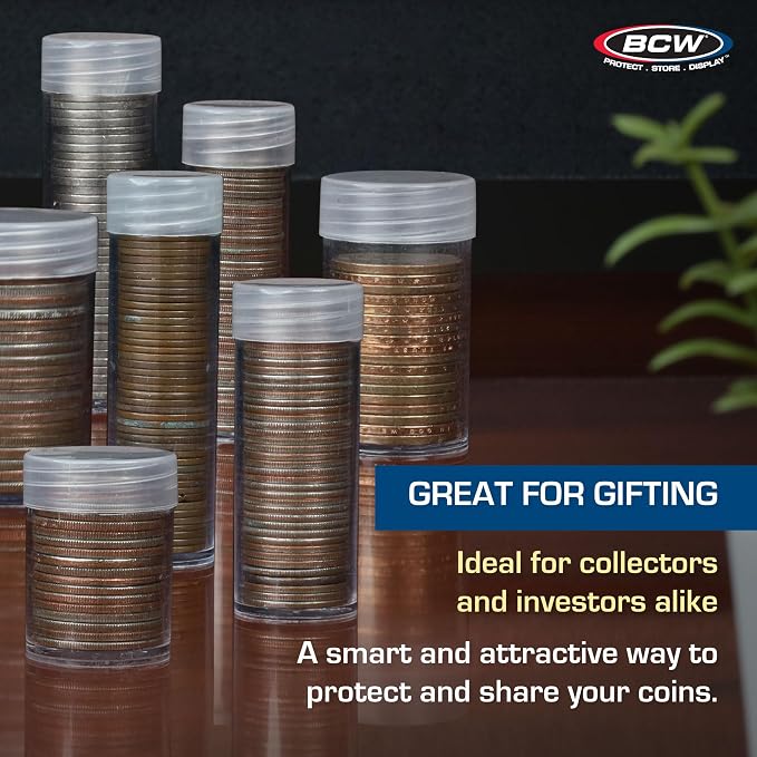BCW Penny Coin Tubes for US Lincoln Pennies, Airtight Screw Caps, 100 Pack | Each tube holds 50 unwrapped 19 mm US Lincoln pennies with a secure screw-on cap for organized storage and display. - Image 8