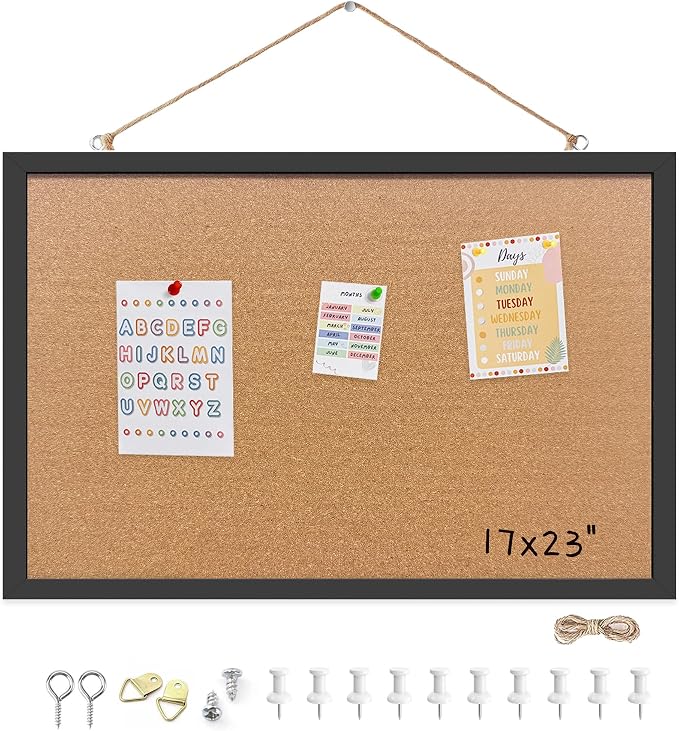 17"x23" Black Wood Framed Hanging Cork Bulletin Board | Premium quality. This large bulletin board serves as reliable corkboards for wall display. by Buyitnow