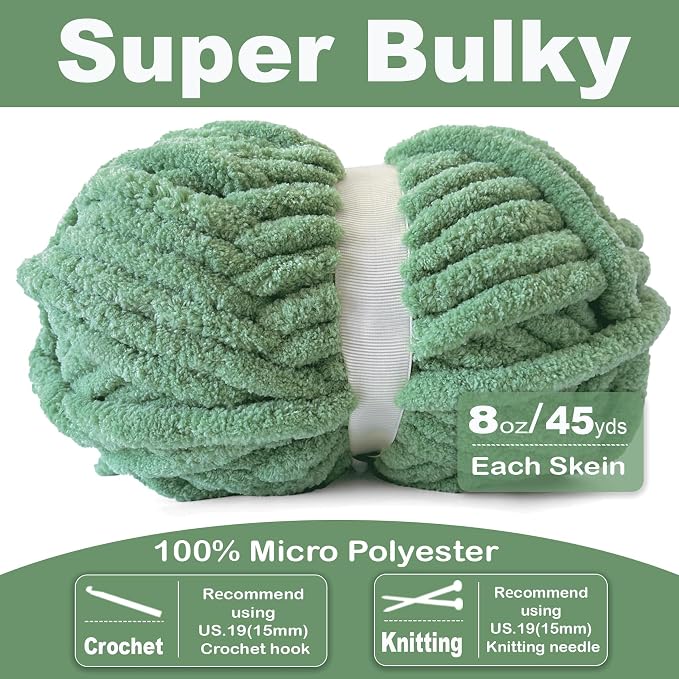 Chunky Chenille Yarn for Crocheting - Bulky Fluffy Yarn for Knitting -100% Polyester-Hand Knitting Blanket DIY (Sage Green, 8 Pack) - Image 2