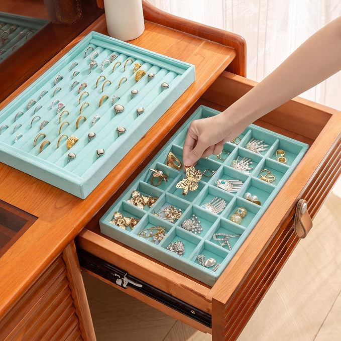 Jewelry Trays for Drawer,Set of 4 Jewelry Organizer and Storage | Velvet Material,Stackable,Adjustable Dividers,Drawer Inserts for Rings Studs Bracelet,Earring Organizer for Women Girls - Image 2