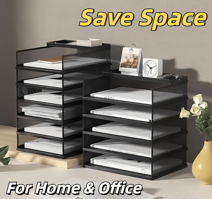 A3 Mesh Desk File Organizer, Stackable Paper Tray，Desktop Document Sorter, File Storage, 3/4/5-Tier Paper Letter Tray Organizer, Desk Accessories & Workspace, Black (4 Tier-Landscape-White) - Image 6
