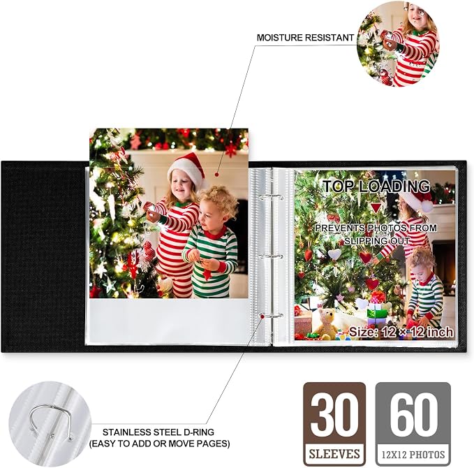 Lanpn 12x12 inch Scrapbook Photo Album, Linen Cover Archival Acid Free Top Load 3 Ring Binder Folder Photo Book 12 x 12 with 30 Plastic Sleeves 60 Pages (Black) - Image 4