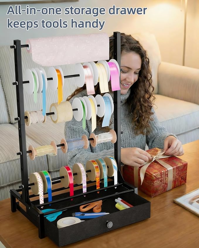 Ribbon Organizer with Fabric Drawer, Adjustable 5-Tier Ribbon Holder, Large Capacity Stable Ribbon Storage Rack for Craft Room, Gift Wrapping & Florist Supplies - Image 3