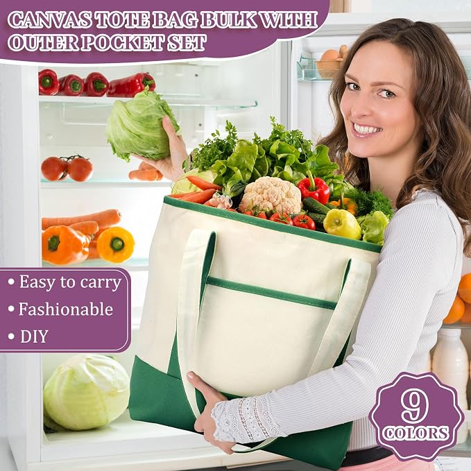 Sanwuta 9 Pcs Canvas Tote Bags Bulk with Outer Pocket 18‘' Reusable Grocery Shopping Blank Tote Bag for Women(Dark Colors) - Image 6
