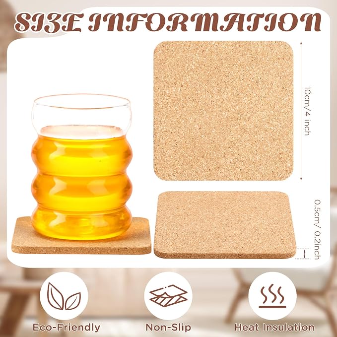 Layhit Cork Coasters for Drinks Absorbent Cork Trivets 4 Inch Bulk Blank Coasters for Kitchen Office Dishes Plate Wine Glass Cup Cottage DIY Crafts (300 Pcs,Square) - Image 2