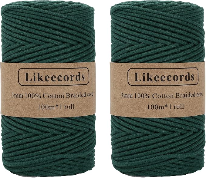 Likeecords 2 Skeins Braided Macrame Cord, 3mm x 100m, Colorful Cotton Craft Cord for Bag, Wall Hanging, Plant Hangers, Crafts, Knitting (Dark Green) by Likeecords