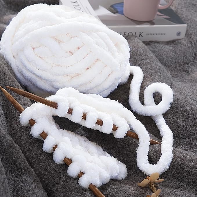 HOMBYS Pure White Chunky Chenille Yarn for Crocheting, Bulky Thick Fluffy Yarn for Knitting,Super Bulky Chunky Yarn for Hand Knitting Blanket, Soft Plush Yarn, 8 Jumbo Pack (27 yds,8 oz Each Skein) - Image 5