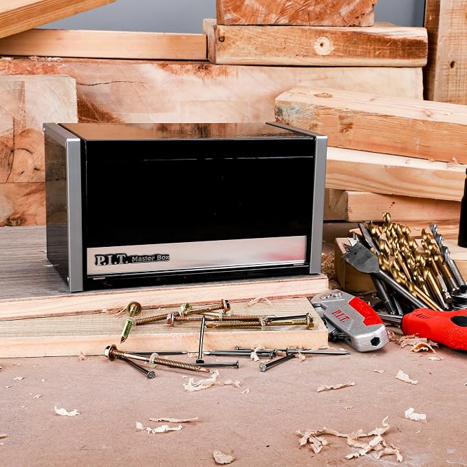 P.I.T. Mini Tool Box,3 Drawers Small Metal Toolbox for Tools Storage,Black | 8.6"W X 4.6"D Cute Size,Q235 Steel,Magnetic Tab Locking,PVC Drawer Liners - Image 7