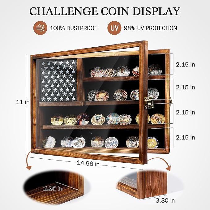 Challenge Coin Display Case Holder,Hd Tempered Glass Door,Not Acrylic,15*11 | Carbon Brown/100%wood/Removable Star Board/Wooden America Flag Military Challenge Coin Display Case Holder - Image 3
