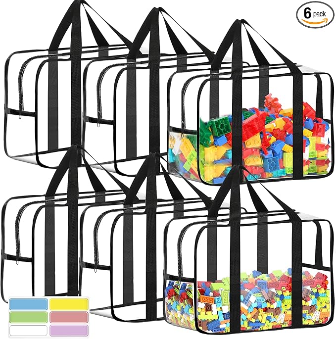 6 Packs XXL Toy Storage Bags 16.5×11.8×6.8In with Labels, Large Capacity Reusable Clear PVC Board Game Storage, Travel Waterproof Organizer Bags with Zipper by OPELETNNT