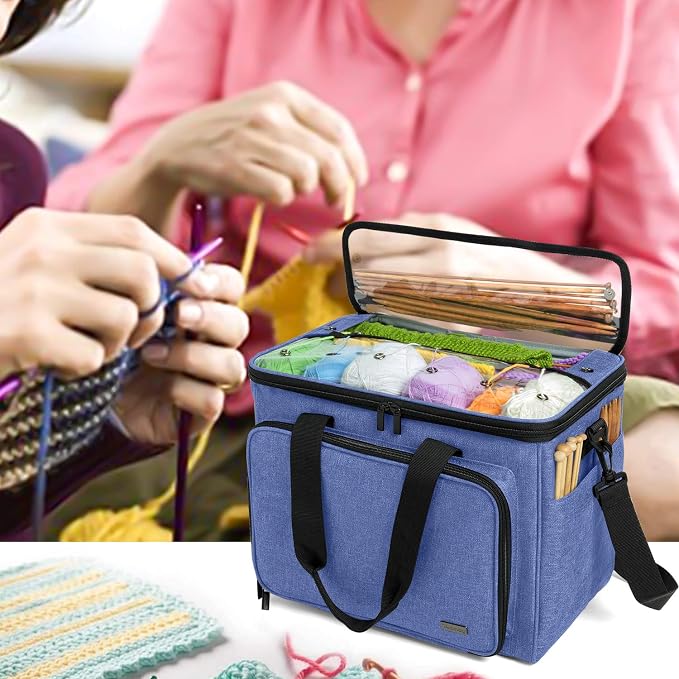 Teamoy Knitting Bag, Yarn Storage Organizer Crochet Bag Tote, Dark Blue | Yarn Holder with Inner Divider(Sewn to Bottom) for Crochet Hook, Knitting Needles(Up to 14"), Project and Crocheting Supplies - Image 7