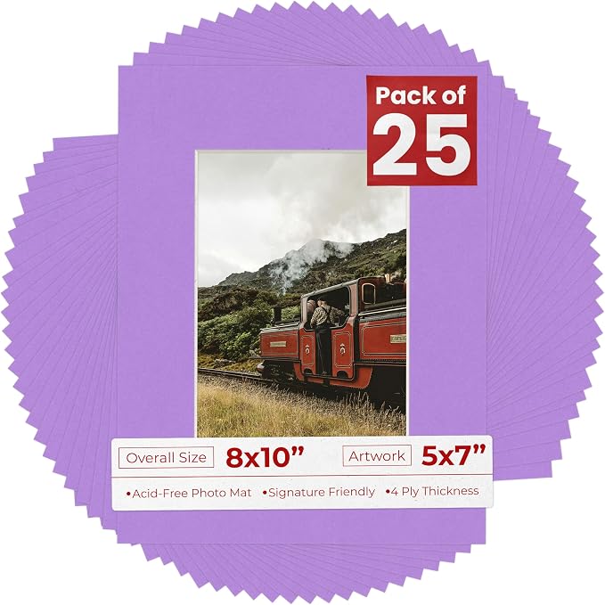 5x7 Mat for 8x10 Frame - Precut Mat Board Acid-Free Light Purple 5x7 Photo Matte Made to Fit a 8x10 Picture Frame, Premium Matboard for Family Photos, Show Kits, Art, Picture Framing, Pack of 25 Mats by PosterPalooza