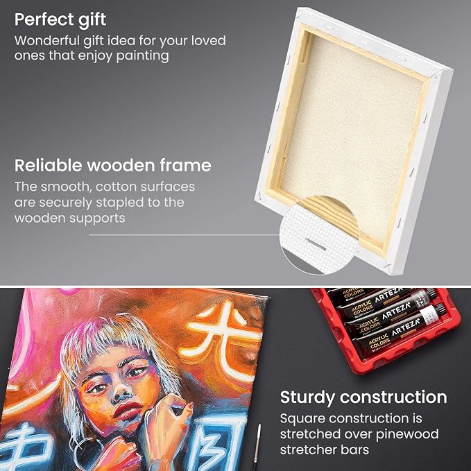 ARTEZA Square Stretched Canvas for Painting, 10 x 10 in, Pack of 8, Pre-Primed White Canvases for Acrylic, Oil, Gouache, Tempera, and Pouring Art - Image 2