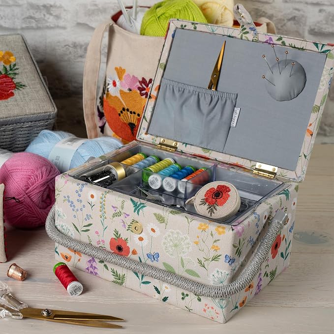 Hobby Gift Medium Sewing Box Organiser, Fabric Covered Storage Box with Handle, Internal Tray, Pin Cushion and Pocket for Sewing, Quilting and Knitting Supplies - Image 3