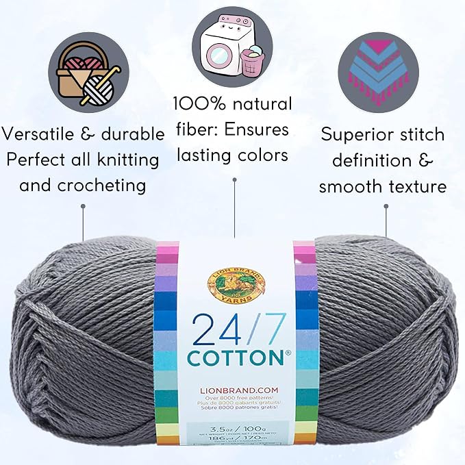 Lion Brand Yarn 24/7 Cotton 761-149 Silver | 3 Skeins, Same Dye Lot, Project Bag, CYC #4 Worsted, 100% Mercerized Cotton, Ideal for Crochet, Knitting Amigurumi, Toys - Image 2