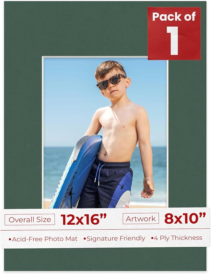 8x10 Photo Matte - Precut for 12x16 Frame, Acid-Free, Hunter Green, Pack of 1 Mat with Backing Board and Clear Bags by PosterPalooza