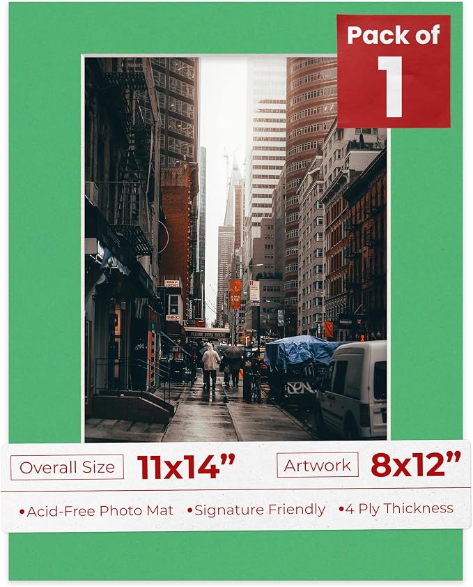 8x12 Mat for 11x14 Frame - Precut Mat Board Acid-Free Show Kit with Backing Board, and Clear Bags Bright Green 8x12 Photo Matte Made to Fit a 11x14 Picture Frame Matboard for Framing, Pack of 1 Mat by PosterPalooza