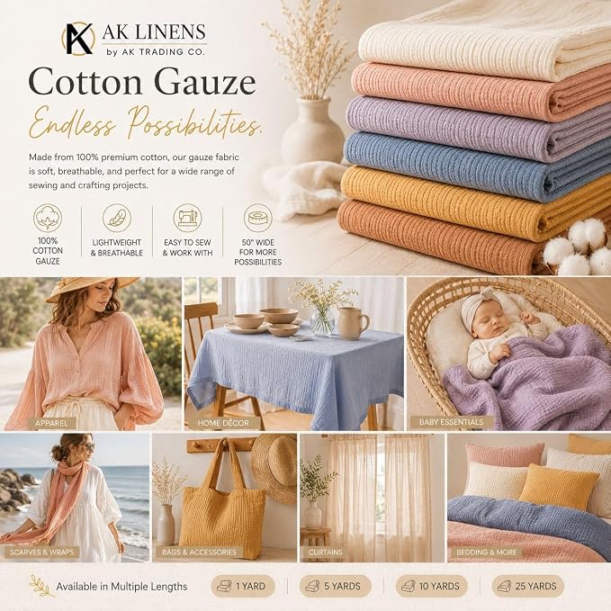 AK TRADING CO. 50" Wide 100% Cotton Island Breeze Gauze Fabric by The Yard – Lightweight, Breathable Material for Apparel, Crafts, Home Décor, Photoshoots, & DIY Projects (Baby Blue, 10 Yards) - Image 3