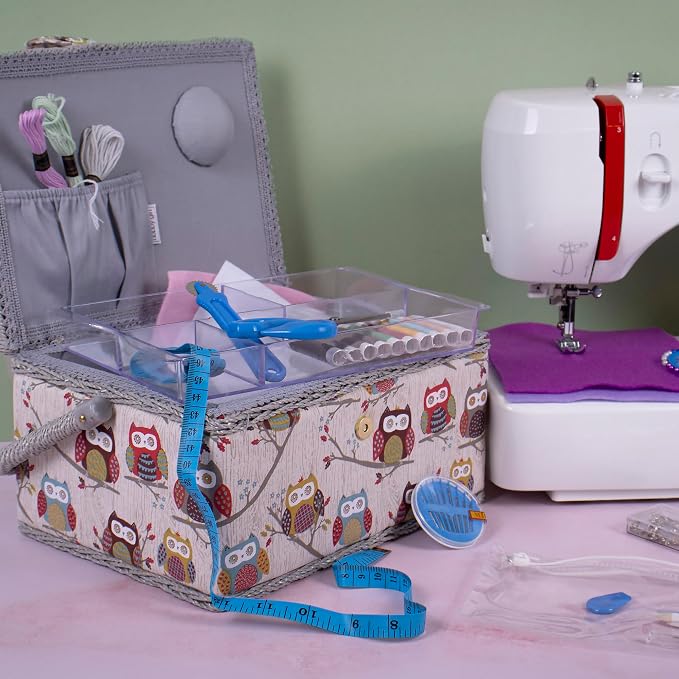 Hobby Gift Medium Sewing Box Organiser | Fabric Covered Storage Box, Handle, Internal Tray, Pin Cushion and Pocket, For Sewing, Quilting and Knitting Supplies - Image 7