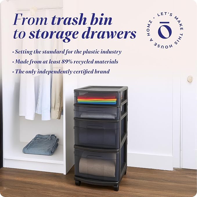 HOMZ Drawer Tower, 4-Tier Storage Cart with Removable Wheels, Black Frame | Plastic Organizer with Clear Bin Drawers for Bedroom, Bathroom, Home Office, and Dorm Rooms - Image 8