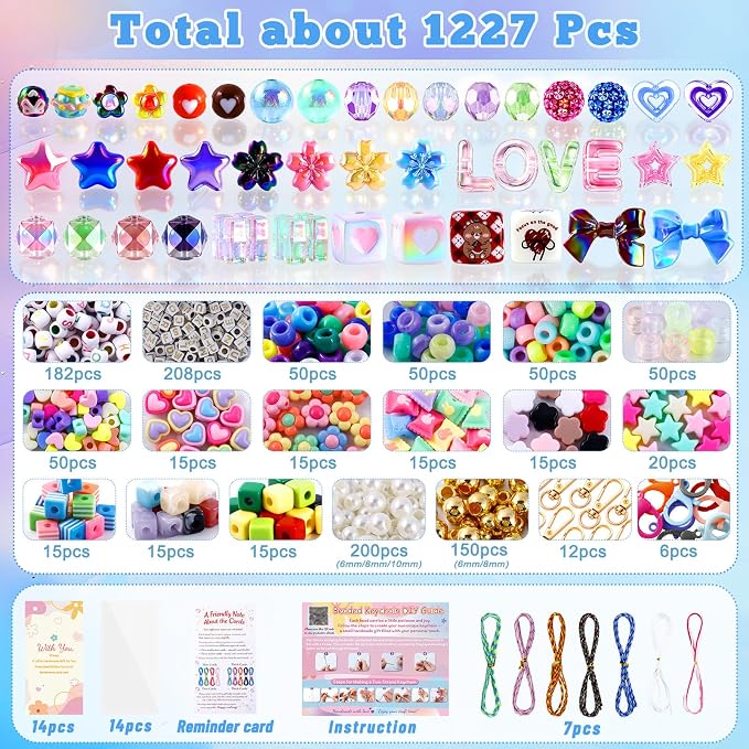 TOHONGADON 1227 PCS Beaded Keychain Making Kit for Women,DIY Bag Charm Kits | With Assorted Acrylic Star Heart Flower Letter Beads, Manual, Cords,Colorful Bead Keychain Kit, Great for Gift Party,Activity - Image 2