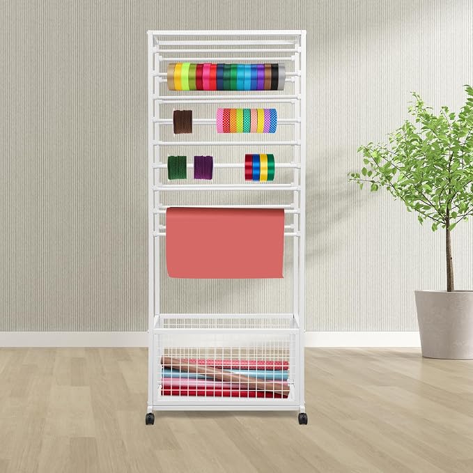 Ribbon Holder Organizer Rack, 20-Layer Ribbon Holder with Wheels | Double-Sided 20-Layer Ribbon Holder with Wheels, Wrapping Paper Ribbon Display Rack Storage Shelf for Craft Room - Image 2