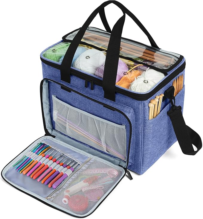 Teamoy Knitting Bag, Yarn Storage Organizer Crochet Bag Tote, Dark Blue | Yarn Holder with Inner Divider(Sewn to Bottom) for Crochet Hook, Knitting Needles(Up to 14"), Project and Crocheting Supplies by Teamoy