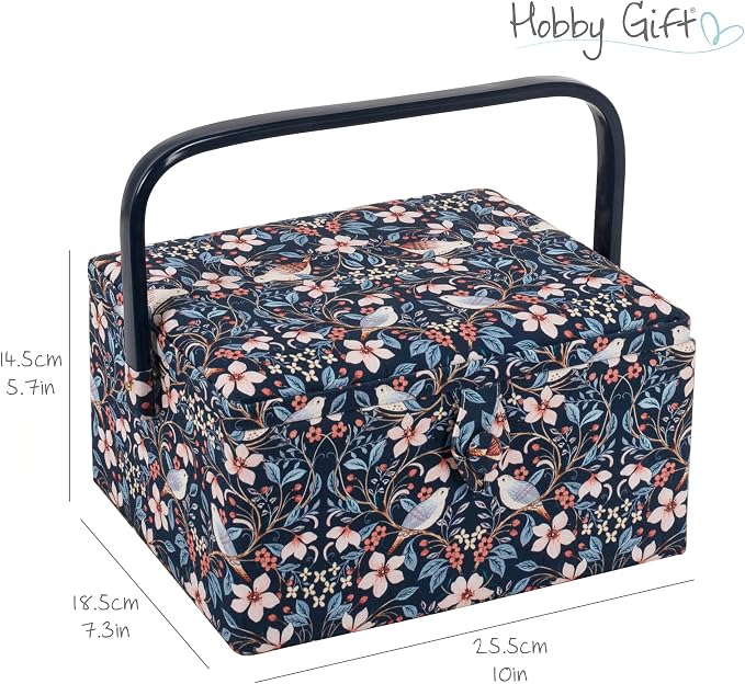Hobby Gift Medium Sewing Box Organiser, Fabric Covered Storage Box with Handle, Internal Tray, Pin Cushion and Pocket for Sewing, Quilting and Knitting Supplies - Image 5