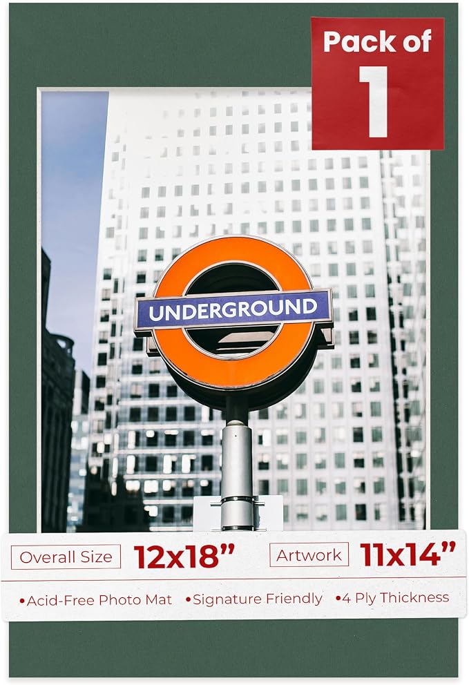 11x14 Mat for 12x18 Frame - Precut Mat Board Acid-Free Show Kit with Backing Board, and Clear Bags Hunter Green 11x14 Photo Matte Made to Fit a 12x18 Picture Frame Matboard for Framing, Pack of 1 Mat by PosterPalooza