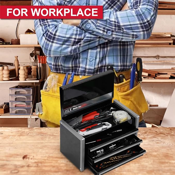P.I.T. Mini Tool Box,3 Drawers Small Metal Toolbox for Tools Storage,Black | 8.6"W X 4.6"D Cute Size,Q235 Steel,Magnetic Tab Locking,PVC Drawer Liners - Image 4