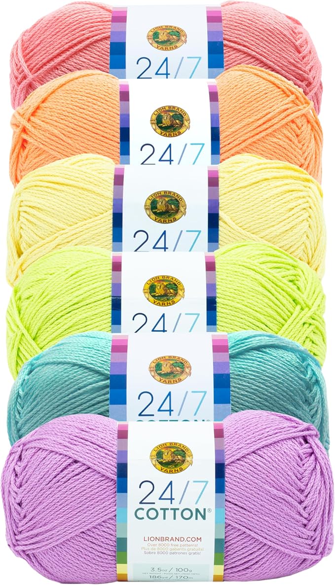 Lion Brand Yarn, 24/7 Cotton Mercerized Lightweight Yarn for Knitting, Crochet, and Crafts, Candy Coated, 6 Pack, Multicolor Pack of Natural Fiber for Breathable Tops, Durable Bags, and Dish Cloths by LionBrandYarn
