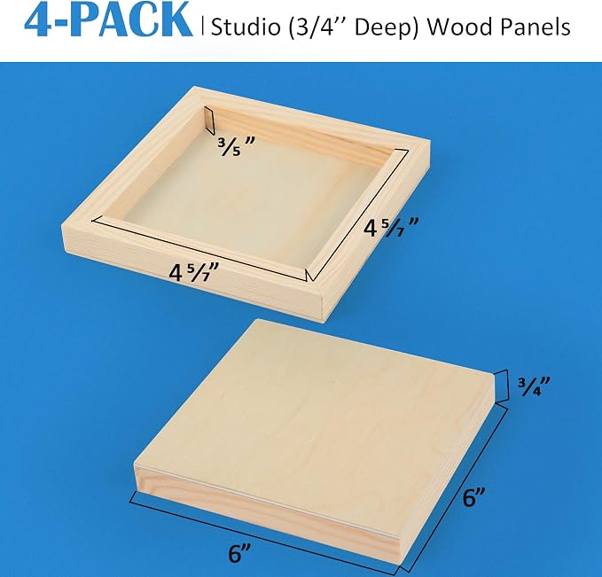 4 Pack 6x6’’ Unfinished Birch Wood Panels Kit for Painting | Studio 3/4’’ Deep Wooden Canvas, Cradle Boards for Acrylic Pouring, Art, Crafts, Epoxy Resin, Laser Engraving Cutting - Image 4